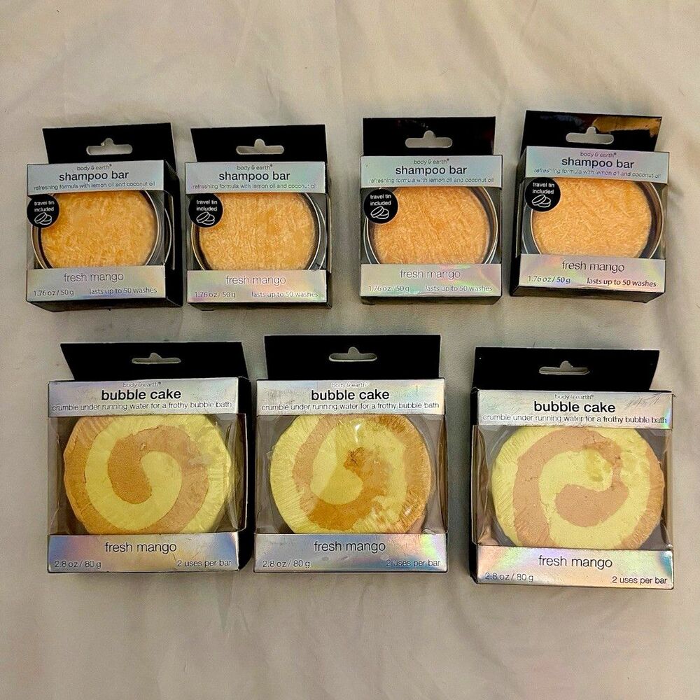 New Body & Earth Fresh Mango Scent Shampoo Bar & Bubble Cake 7pc Bath Care Lot